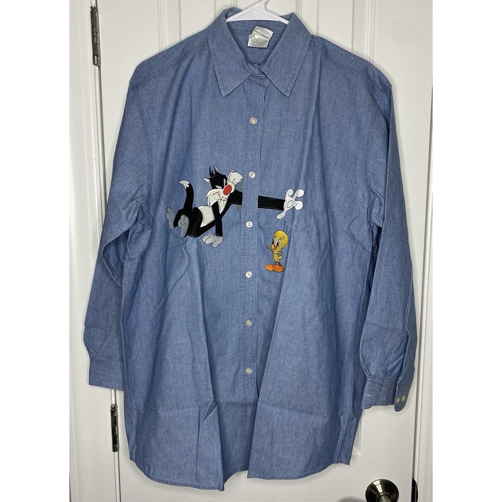 Warner Bros Vtg Men's 1999 Button Up Tweety Sylvester Shirt Blue Medium *read*